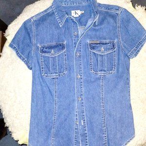 CALVIN KLEIN Denim Button Down Shirt Short Sleeve Casual Medium 100% Cotton Med